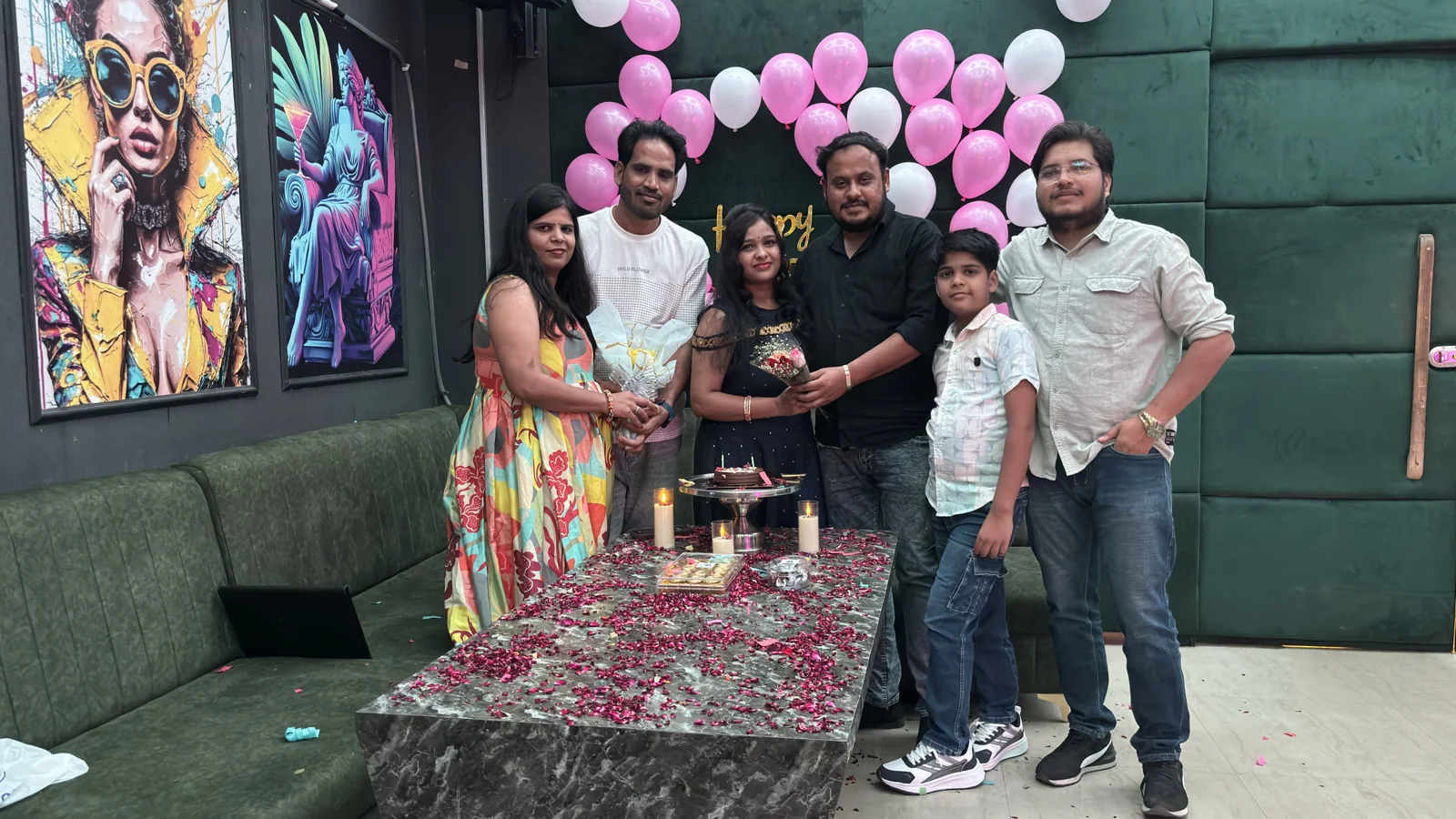Real family birthday celebration 1 with balloon decoration and table setup at Chairish Cafe behind WTP Jaipur