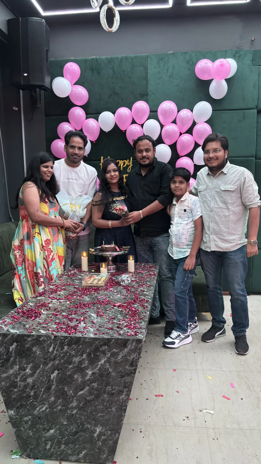 Real family birthday celebration 3 with balloon decoration and table setup at Chairish Cafe behind WTP Jaipur