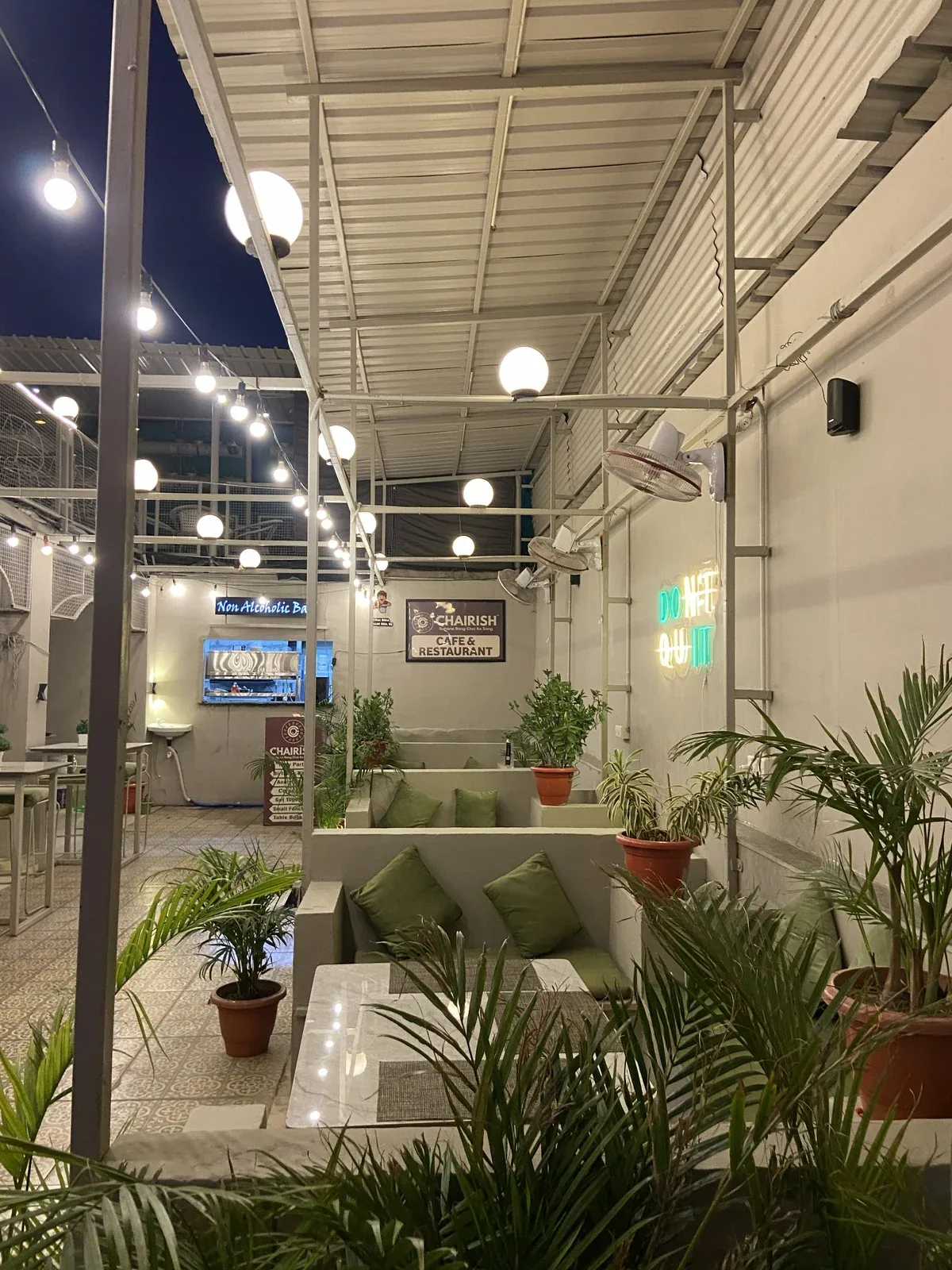 Cozy seating cabin at Chairish Cafe rooftop